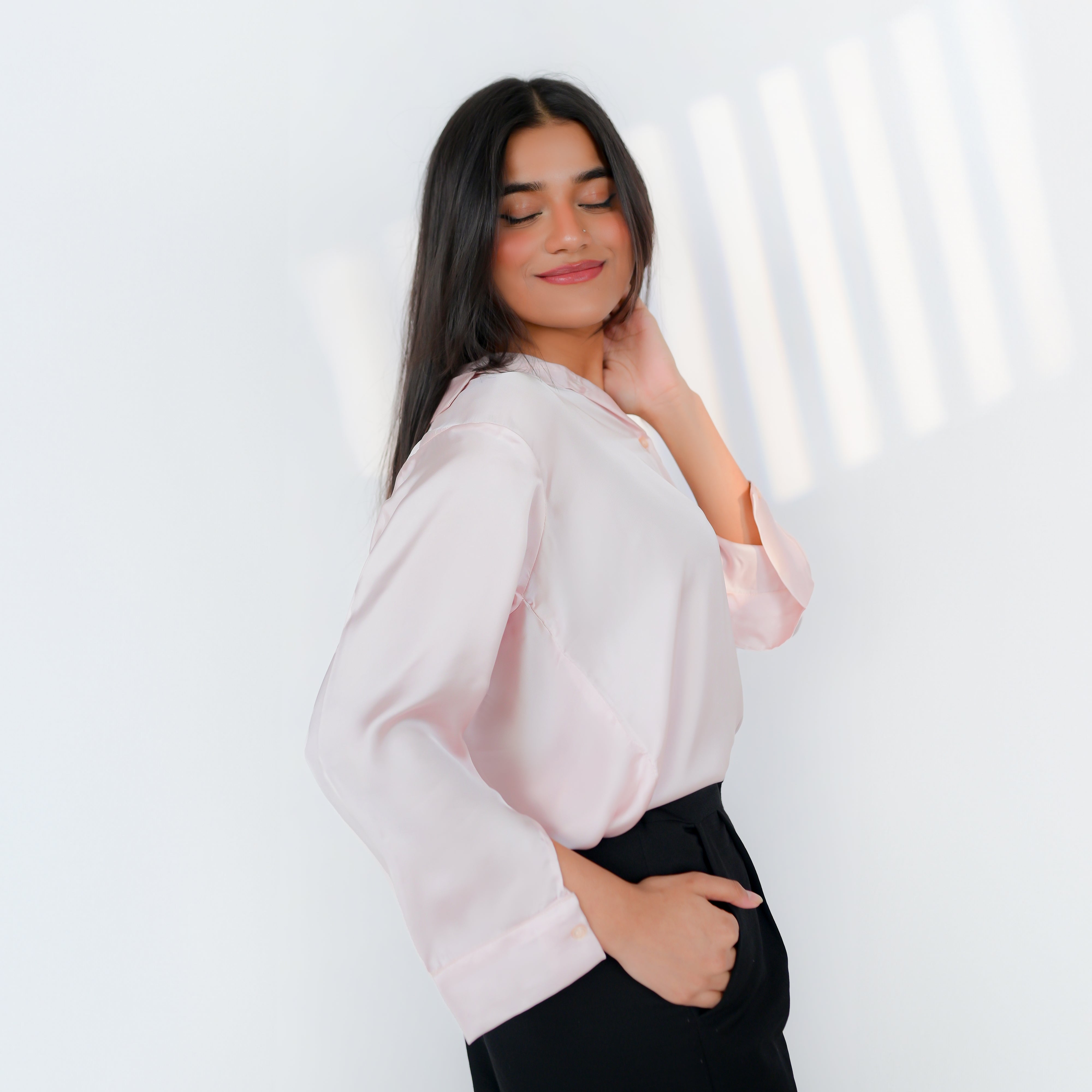Petal Pink Silk Charm Button-Down Top